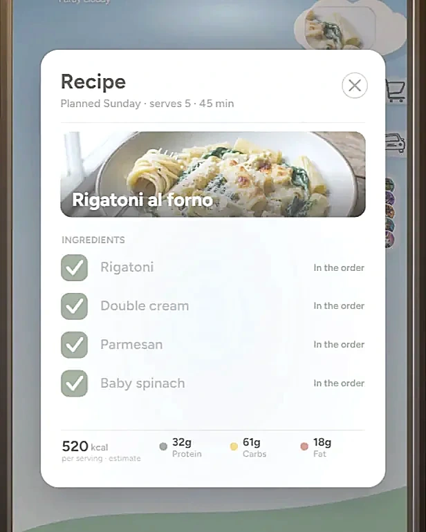 Tonight’s rigatoni recipe on Inochi, with ingredients checked off on the shopping list.