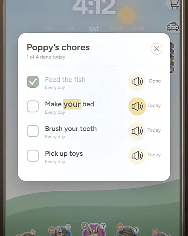 Poppy’s chores, with a speaker button beside each task and words highlighted as Inochi reads them aloud.